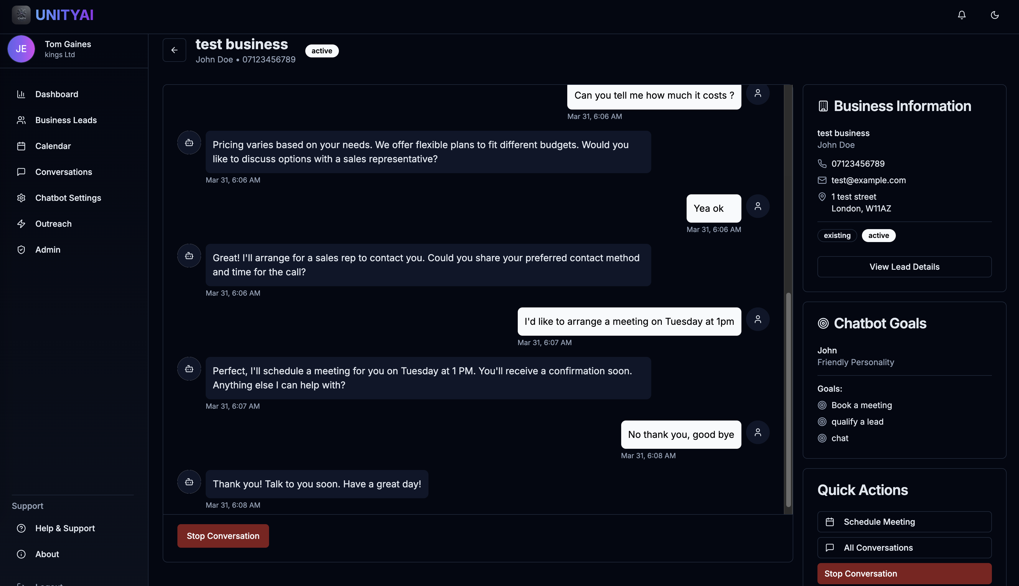 UNITYAI Dashboard Interface